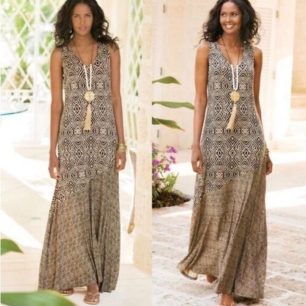 Soft Surrounding Tulum Sleeveless Jersey Maxi Tank Dress M Geo Print Lagenlook - Picture 2 of 16
